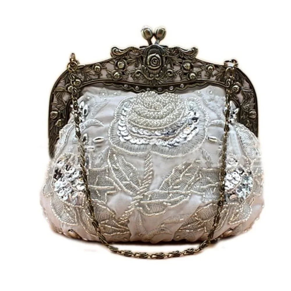 Vintage Style Purse White Satin Embroidered Small Purse With Brass Frame & Chain